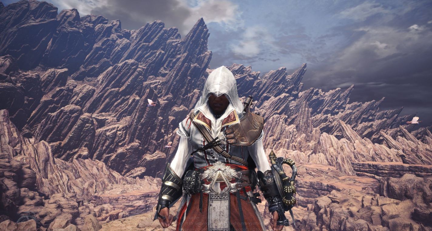 Assassin world. Monster Hunter: World и ассасин. Assassin's Creed монстры. Monster Hunter World Assassins Hood Mantle. Лежит Hunter Assassin.