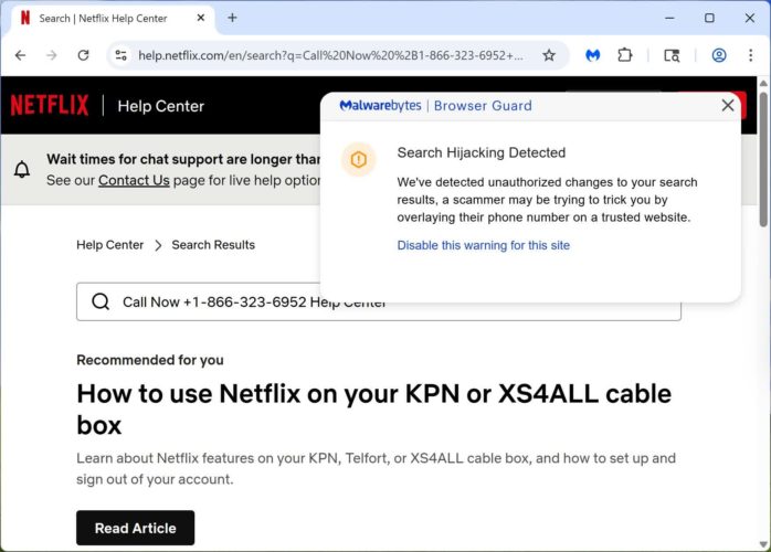 Scammers hijack real support pages to show fake phone numbers